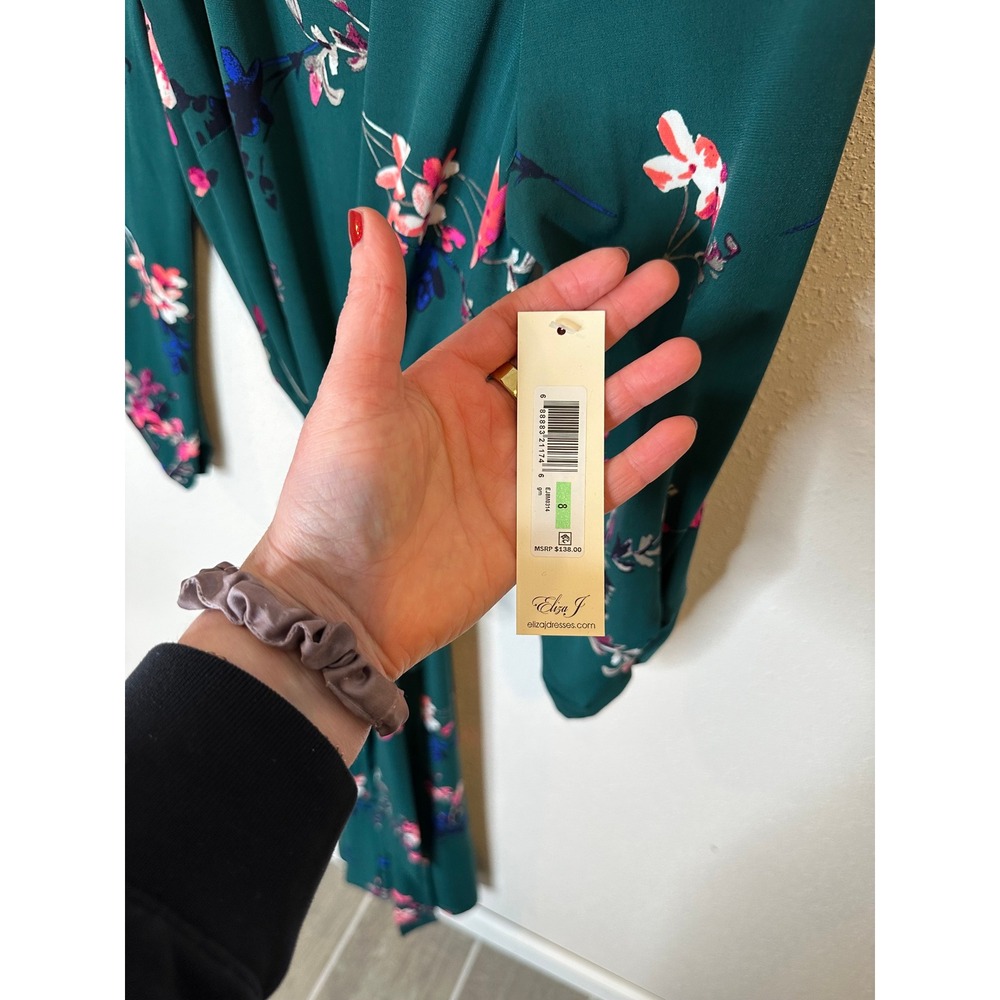 Eliza J Hunter Green Floral Long Sleeve Tie Waist Midi Dress EJ0M3214 Size 8 NWT - Picture 2 of 4